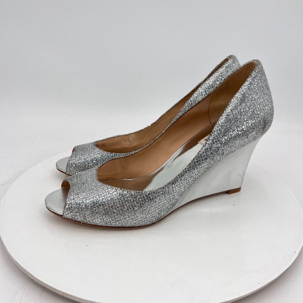 Badgley Mischka Women Size 9 Metallic Silver Glitter Open Toe Wedges Shoes